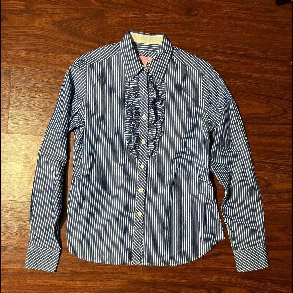 Lilly Pulitzer Blue white stripe button Ruffle front long sleeve shirt